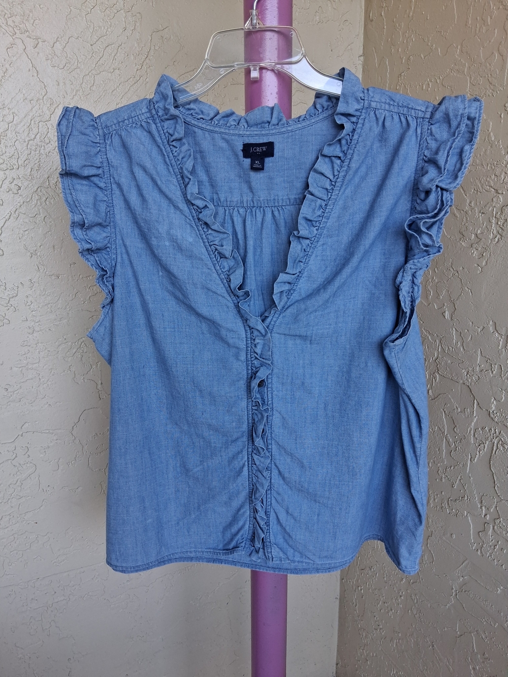 J. Crew Light Blue Chambray Ruffle Sleeve V-Neck Top